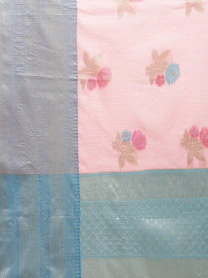 Faishana Presents Handwoven Pink Mulberry Silk Tilfi Skirt Zari Border With Peacock Blue Blouse Banarasi Saree