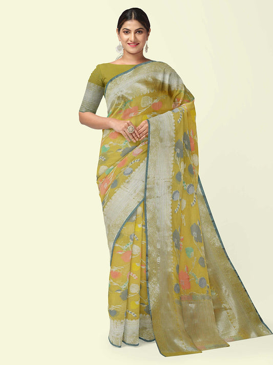 Faishana Presents Yellow Masrise Cotton Tilfi Jaal Zari Border With Yellow Blouse Banarasi Saree