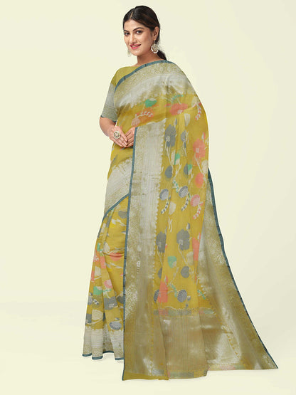 Faishana Presents Yellow Masrise Cotton Tilfi Jaal Zari Border With Yellow Blouse Banarasi Saree
