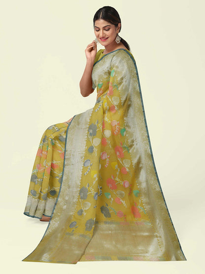 Faishana Presents Yellow Masrise Cotton Tilfi Jaal Zari Border With Yellow Blouse Banarasi Saree