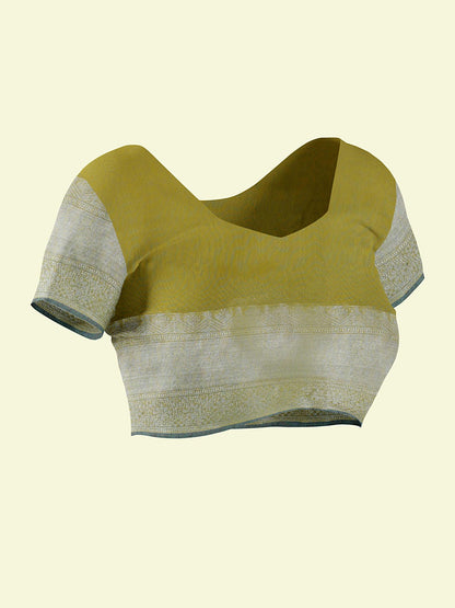 Faishana Presents Yellow Masrise Cotton Tilfi Jaal Zari Border With Yellow Blouse Banarasi Saree