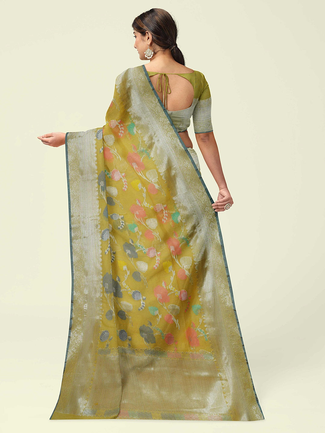 Faishana Presents Yellow Masrise Cotton Tilfi Jaal Zari Border With Yellow Blouse Banarasi Saree