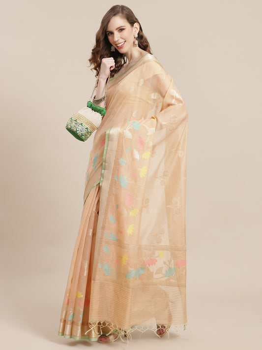 Faishana Presents Handwoven Beige Masrise Cotton Boota Alfi Skirt Border With Beige Blouse Banarasi Saree