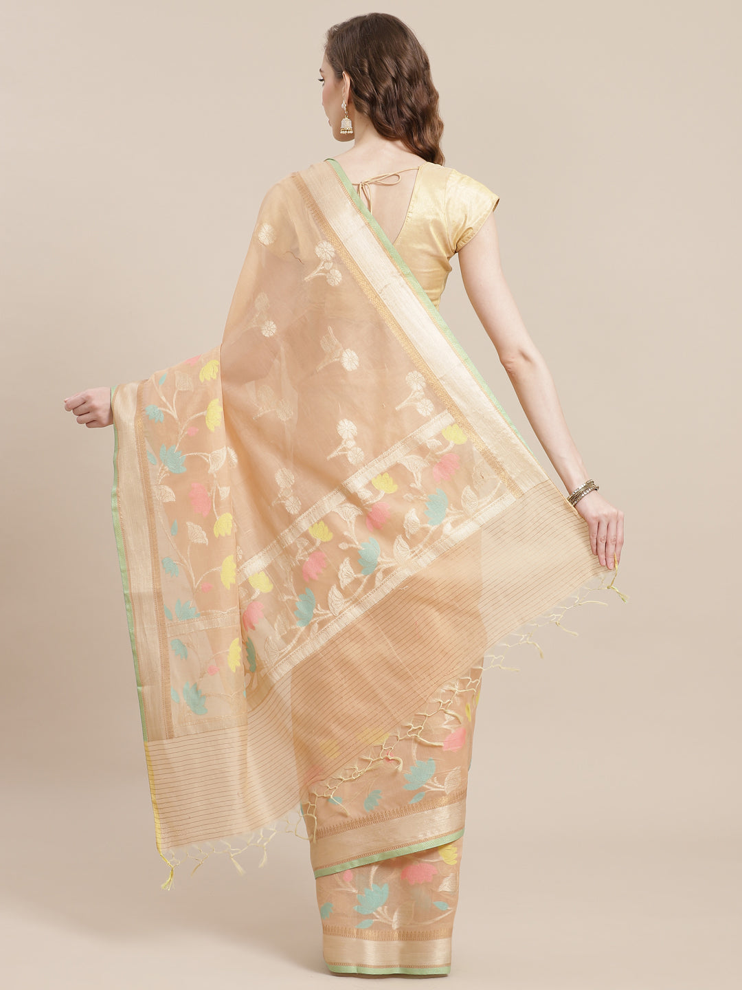 Faishana Presents Handwoven Beige Masrise Cotton Boota Alfi Skirt Border With Beige Blouse Banarasi Saree