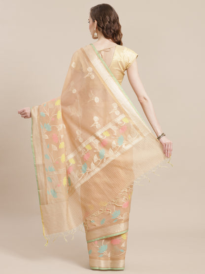 Faishana Presents Handwoven Beige Masrise Cotton Boota Alfi Skirt Border With Beige Blouse Banarasi Saree