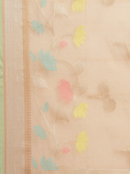 Faishana Presents Handwoven Beige Masrise Cotton Boota Alfi Skirt Border With Beige Blouse Banarasi Saree