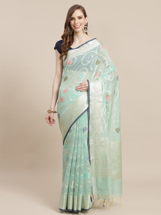 Faishana Presents Handwoven Seagreen Masrise Cotton Tilfi Jaal Zari Border With Seagreen Blouse Banarasi Saree