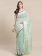 Faishana Presents Handwoven Seagreen Masrise Cotton Tilfi Jaal Zari Border With Seagreen Blouse Banarasi Saree