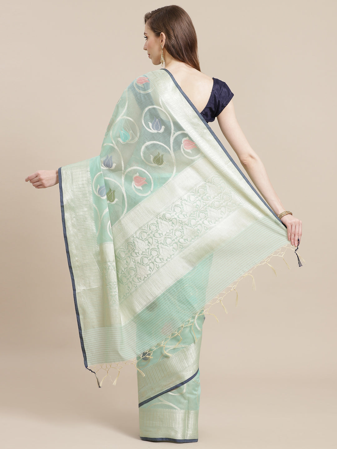 Faishana Presents Handwoven Seagreen Masrise Cotton Tilfi Jaal Zari Border With Seagreen Blouse Banarasi Saree