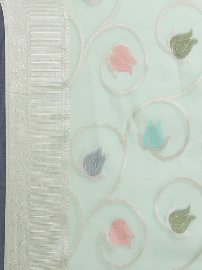 Faishana Presents Handwoven Seagreen Masrise Cotton Tilfi Jaal Zari Border With Seagreen Blouse Banarasi Saree
