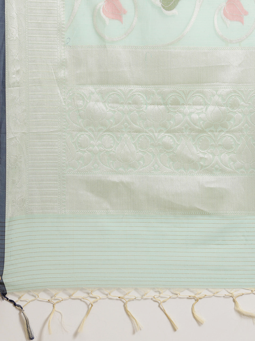 Faishana Presents Handwoven Seagreen Masrise Cotton Tilfi Jaal Zari Border With Seagreen Blouse Banarasi Saree