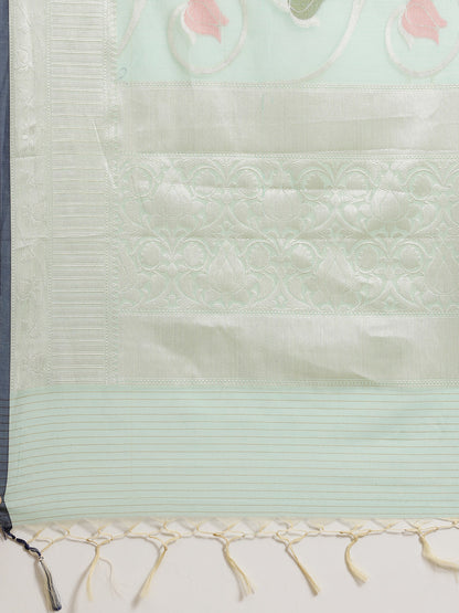 Faishana Presents Handwoven Seagreen Masrise Cotton Tilfi Jaal Zari Border With Seagreen Blouse Banarasi Saree