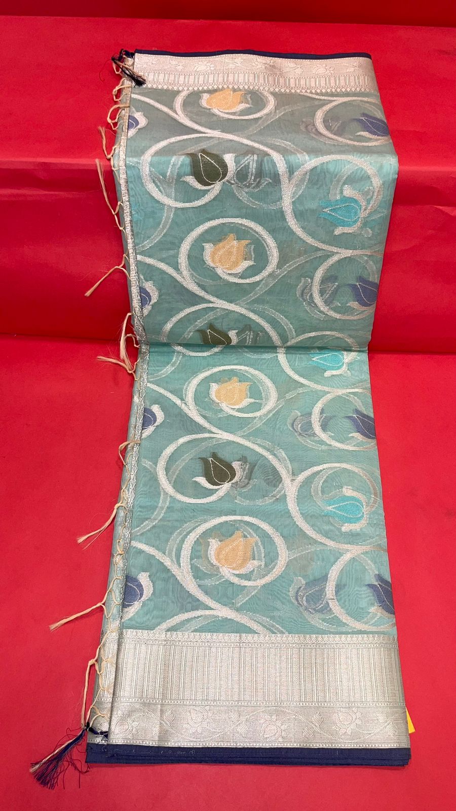 Faishana Presents Handwoven Seagreen Masrise Cotton Tilfi Jaal Zari Border With Seagreen Blouse Banarasi Saree
