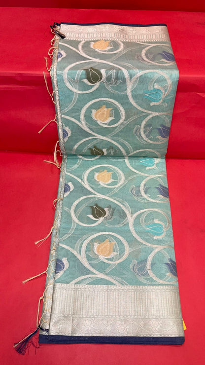 Faishana Presents Handwoven Seagreen Masrise Cotton Tilfi Jaal Zari Border With Seagreen Blouse Banarasi Saree