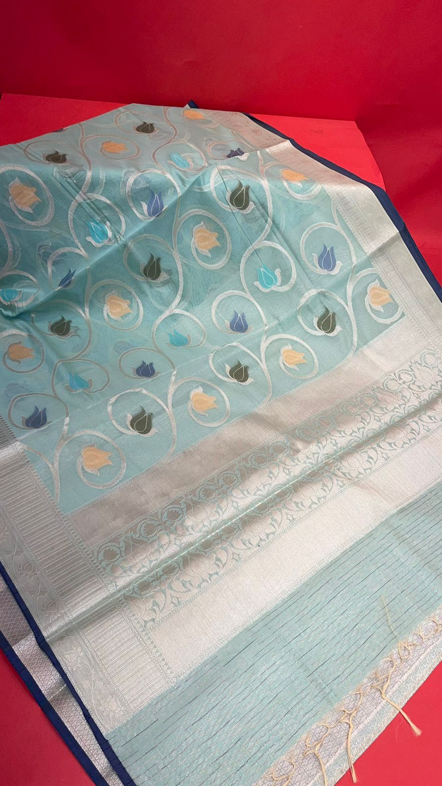 Faishana Presents Handwoven Seagreen Masrise Cotton Tilfi Jaal Zari Border With Seagreen Blouse Banarasi Saree