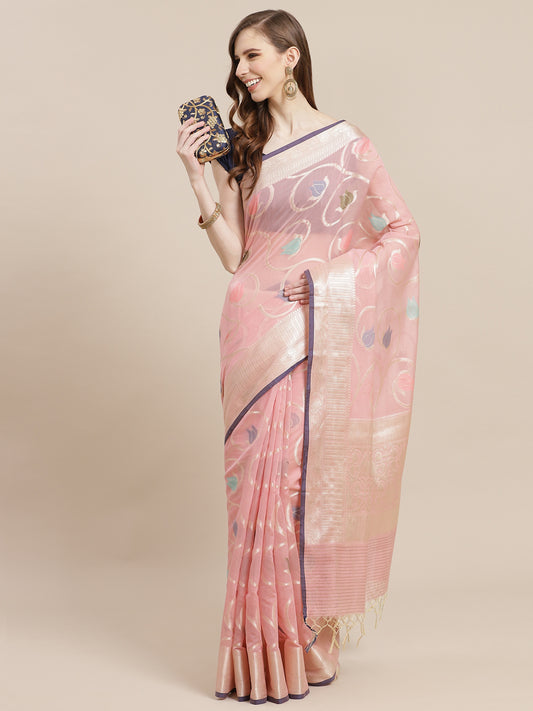 Faishana Presents Handwoven Pink Masrise Cotton Tilfi Jaal Zari Border With Pink Blouse Banarasi Saree