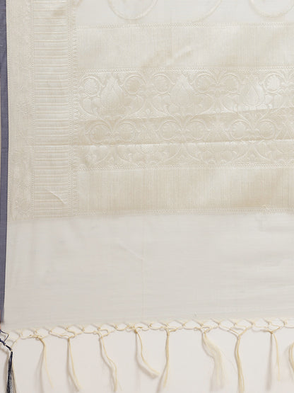 Faishana Presents Handwoven Grey Masrise Cotton Tilfi Jaal Zari Border With Grey Blouse Banarasi Saree