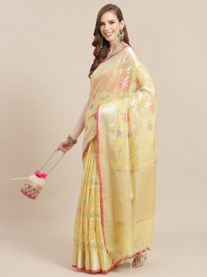 Faishana Presents Handwoven Yellow Masrise Cotton Tilfi Jaal Zari Border With Yellow  Blouse Banarasi Saree