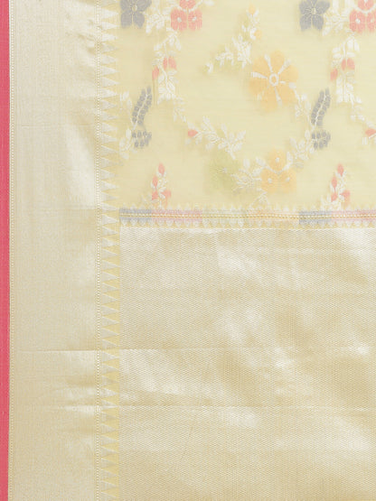Faishana Presents Handwoven Yellow Masrise Cotton Tilfi Jaal Zari Border With Yellow  Blouse Banarasi Saree