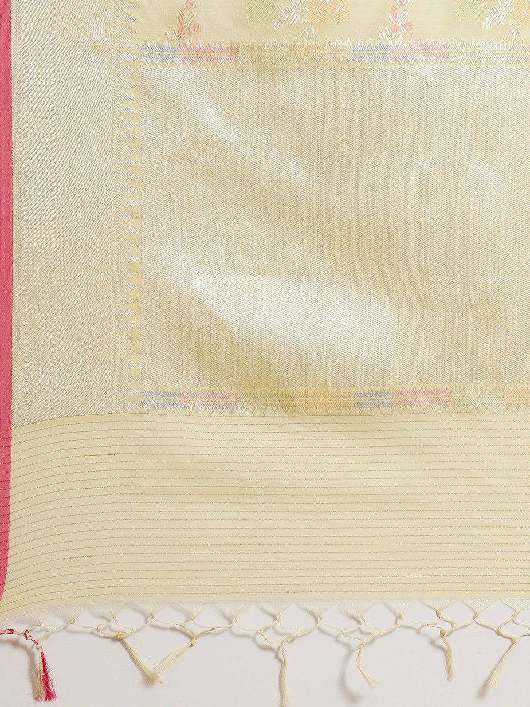 Faishana Presents Handwoven Yellow Masrise Cotton Tilfi Jaal Zari Border With Yellow  Blouse Banarasi Saree