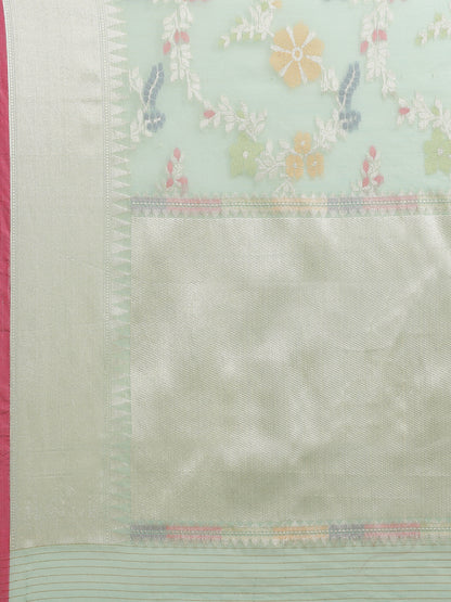 Faishana Presents Handwoven Seagreen Masrise Cotton Tilfi Jaal Zari Border With Green Blouse Banarasi Saree