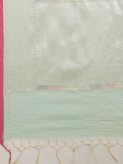 Faishana Presents Handwoven Seagreen Masrise Cotton Tilfi Jaal Zari Border With Green Blouse Banarasi Saree