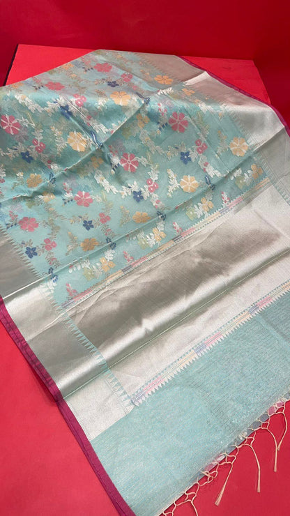 Faishana Presents Handwoven Seagreen Masrise Cotton Tilfi Jaal Zari Border With Green Blouse Banarasi Saree