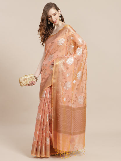 Faishana Presents Handwoven Beige Masrise Cotton Alfi Jaal Zari Border With Beige Blouse Banarasi Saree
