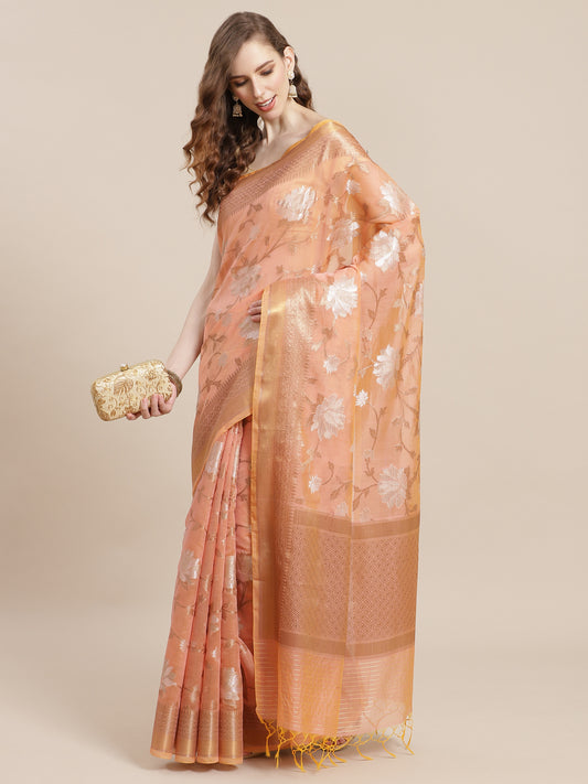 Faishana Presents Handwoven Beige Masrise Cotton Alfi Jaal Zari Border With Beige Blouse Banarasi Saree
