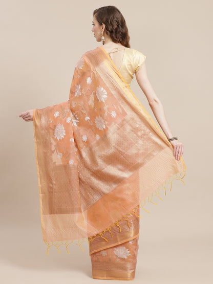 Faishana Presents Handwoven Beige Masrise Cotton Alfi Jaal Zari Border With Beige Blouse Banarasi Saree