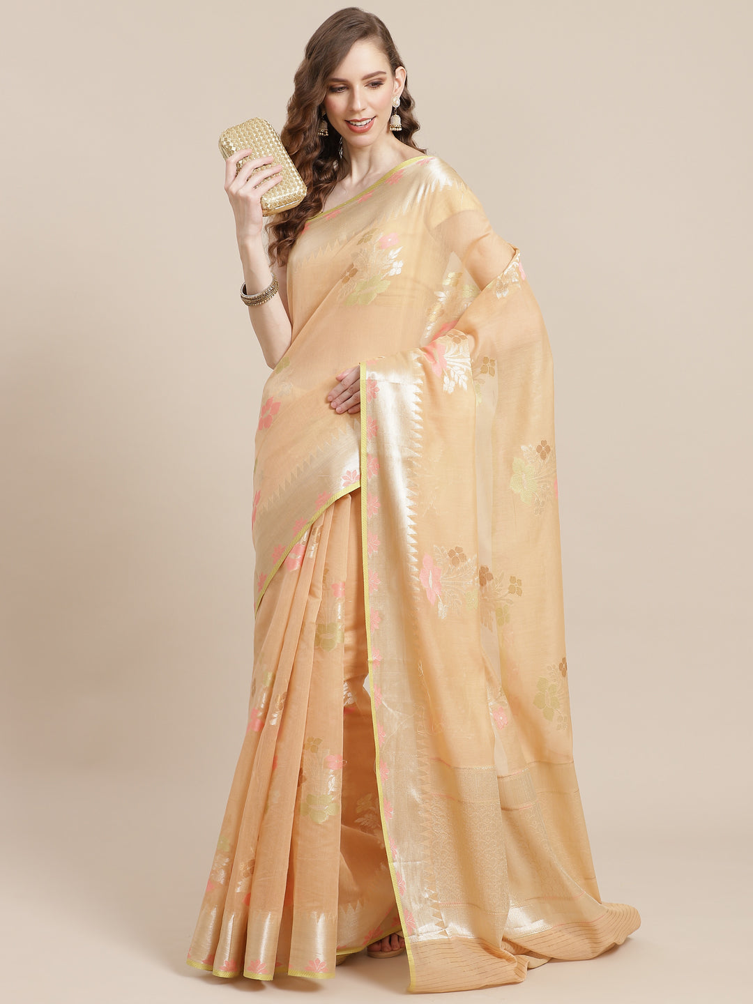Faishana Presents Handwoven Beige Masrise Cotton Tilfi Boota Alfi Zari Border With Beige Blouse Banarasi Saree
