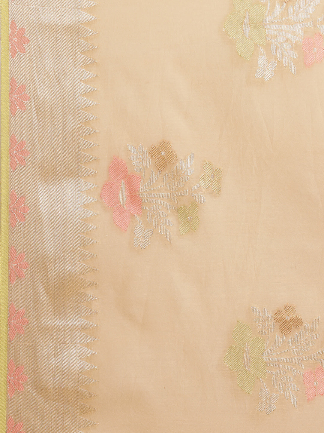 Faishana Presents Handwoven Beige Masrise Cotton Tilfi Boota Alfi Zari Border With Beige Blouse Banarasi Saree