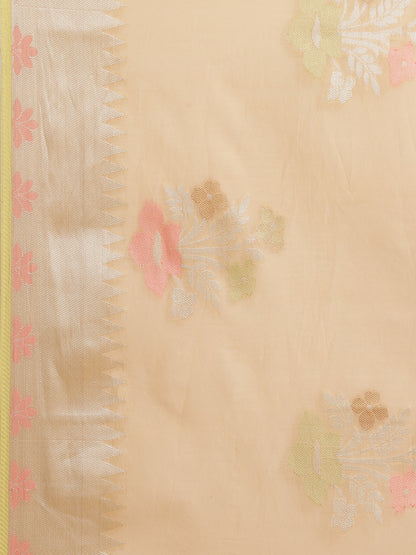 Faishana Presents Handwoven Beige Masrise Cotton Tilfi Boota Alfi Zari Border With Beige Blouse Banarasi Saree