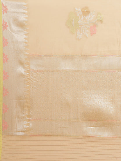 Faishana Presents Handwoven Beige Masrise Cotton Tilfi Boota Alfi Zari Border With Beige Blouse Banarasi Saree