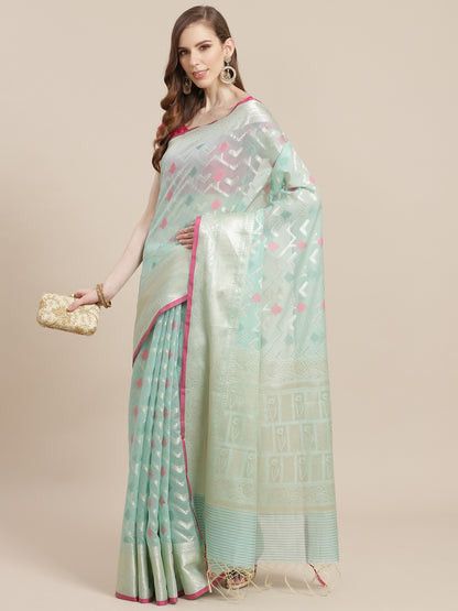 Faishana Presents Handwoven Seagreen Masrise Cotton Tilfi Jaal Zari Border With Seagreen Blouse Banarasi Saree