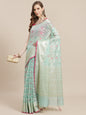 Faishana Presents Handwoven Seagreen Masrise Cotton Tilfi Jaal Zari Border With Seagreen Blouse Banarasi Saree