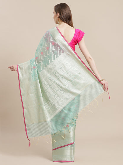 Faishana Presents Handwoven Seagreen Masrise Cotton Tilfi Jaal Zari Border With Seagreen Blouse Banarasi Saree