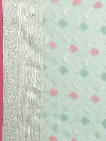 Faishana Presents Handwoven Seagreen Masrise Cotton Tilfi Jaal Zari Border With Seagreen Blouse Banarasi Saree