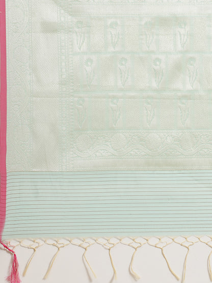 Faishana Presents Handwoven Seagreen Masrise Cotton Tilfi Jaal Zari Border With Seagreen Blouse Banarasi Saree