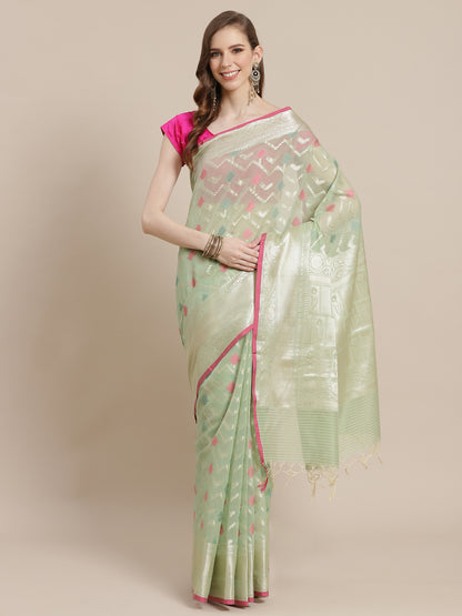 Faishana Presents Handwoven Pistachio Masrise Cotton Tilfi Jaal Zari Border With Pistachio Blouse Banarasi Saree