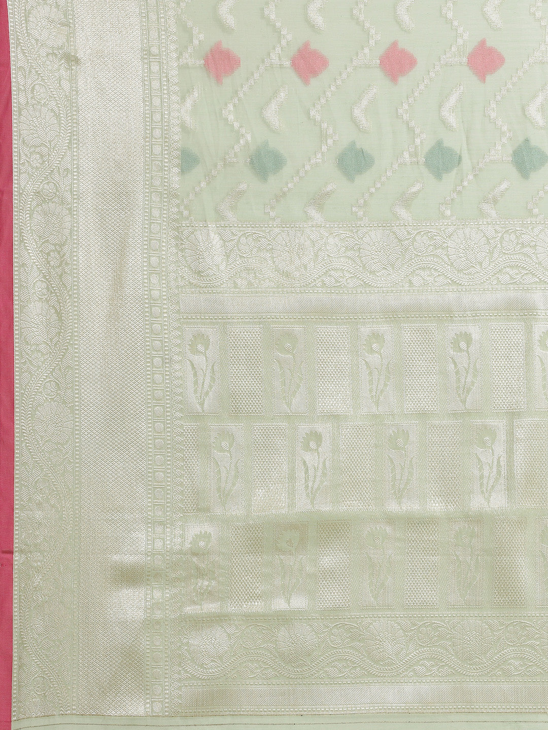 Faishana Presents Handwoven Pistachio Masrise Cotton Tilfi Jaal Zari Border With Pistachio Blouse Banarasi Saree