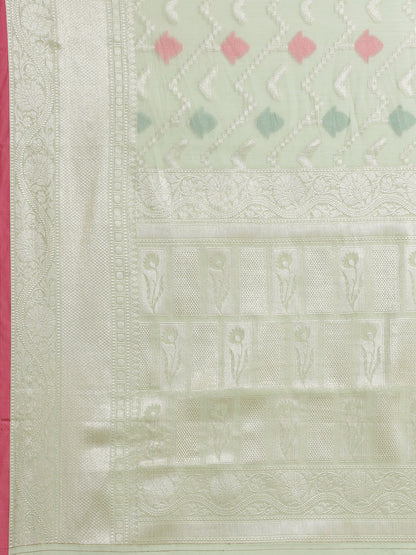 Faishana Presents Handwoven Pistachio Masrise Cotton Tilfi Jaal Zari Border With Pistachio Blouse Banarasi Saree