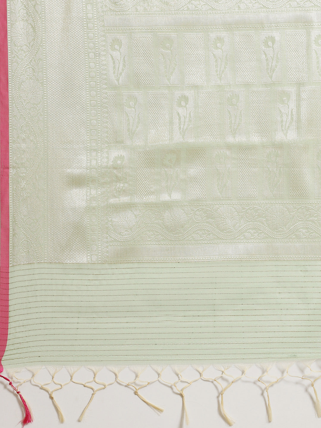 Faishana Presents Handwoven Pistachio Masrise Cotton Tilfi Jaal Zari Border With Pistachio Blouse Banarasi Saree