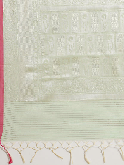 Faishana Presents Handwoven Pistachio Masrise Cotton Tilfi Jaal Zari Border With Pistachio Blouse Banarasi Saree