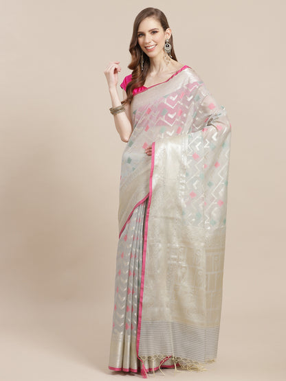 Faishana Presents Handwoven Grey Masrise Cotton Tilfi Jaal Zari Border With Grey Blouse Banarasi Saree