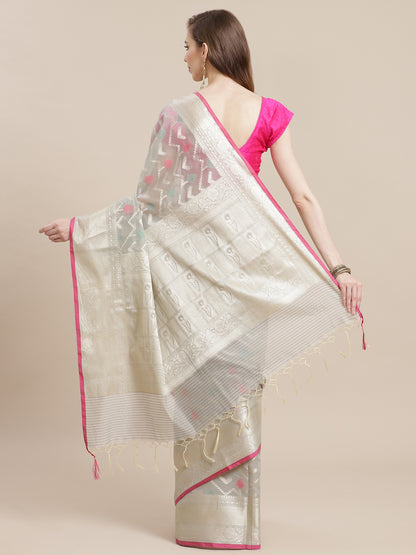 Faishana Presents Handwoven Grey Masrise Cotton Tilfi Jaal Zari Border With Grey Blouse Banarasi Saree