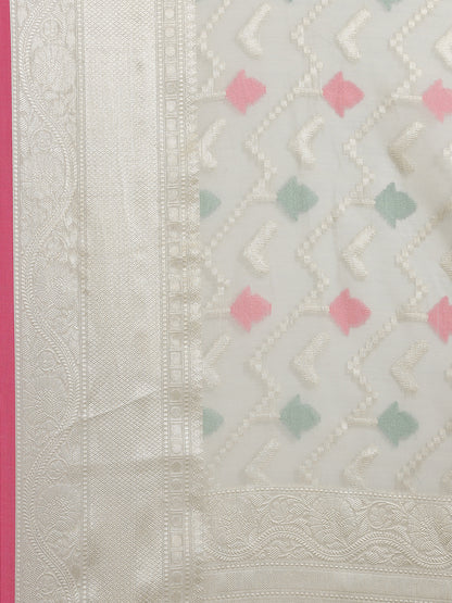 Faishana Presents Handwoven Grey Masrise Cotton Tilfi Jaal Zari Border With Grey Blouse Banarasi Saree