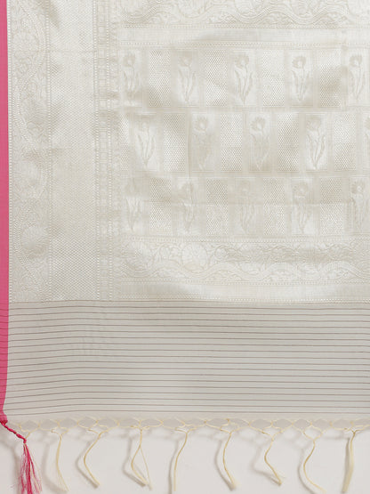 Faishana Presents Handwoven Grey Masrise Cotton Tilfi Jaal Zari Border With Grey Blouse Banarasi Saree