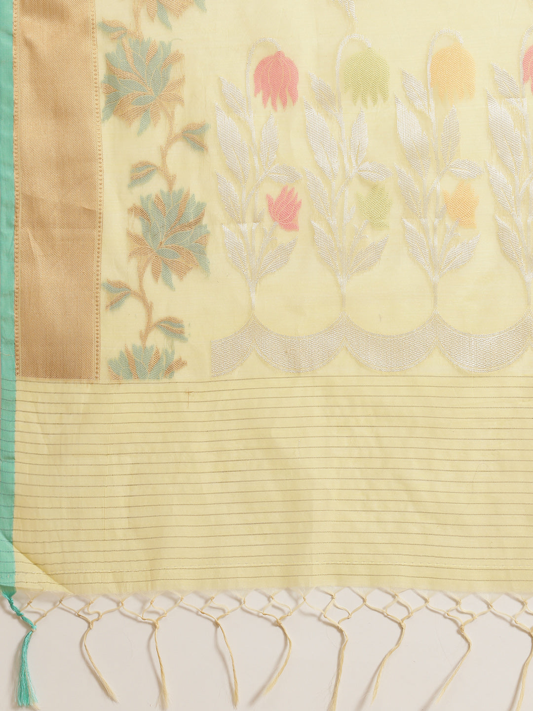 Faishana Presents Handwoven Yellow Masrise Cotton Tilfi Boota Alfi Skirt Border With Yellow Blouse Banarasi Saree