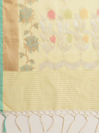 Faishana Presents Handwoven Yellow Masrise Cotton Tilfi Boota Alfi Skirt Border With Yellow Blouse Banarasi Saree